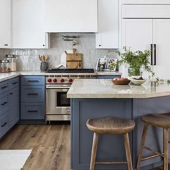 Glossy White Upper Cabinets and Gray Flat Front Lower Cabinets - Contemporary - Kitchen Angled Island, Marble Top Kitchen Island, White Upper Cabinets, Dark Wooden Floor, Pure Salt Interiors, Blue Kitchen Island, Girl Bathrooms, Pure Salt, Kitchen Finishes