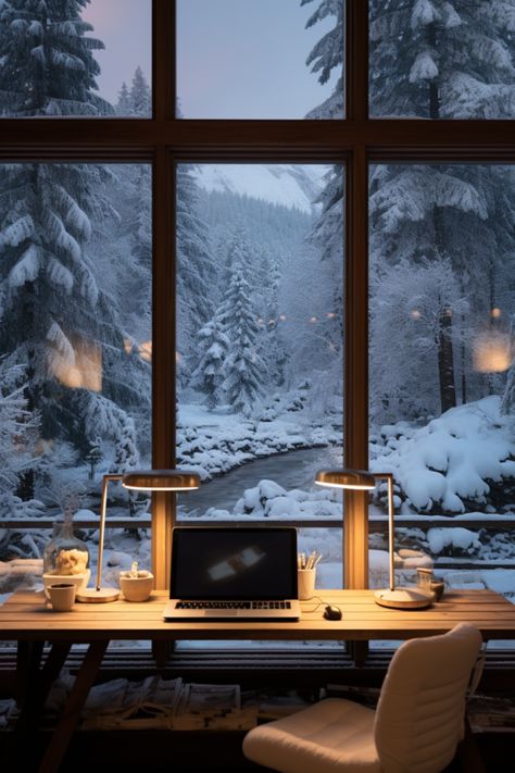 Christmas home office design, snow outside and overlooking stream Men Workspace, Office Room Minimalist, Offices For Men, Office Room Modern, Office Inspiration Modern, Small Business Workspace, Workspace Minimalist, Mountain Office, Office Space Modern