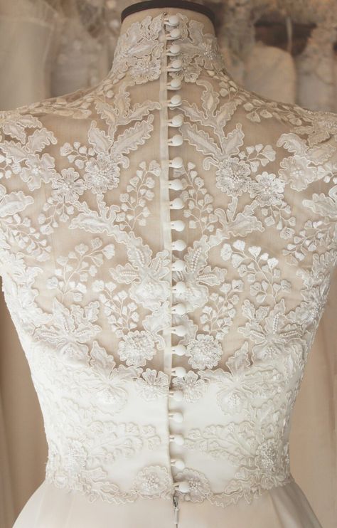 Button Down Wedding Dress Lace, Buttoned Wedding Dress, Wedding Gown Button Back, Wedding Dresses With Back Detail, Wedding Dress Classic Lace, Back Buttons Wedding Dress, Wedding Dresses High Neck Long Sleeve, Button Up Wedding Dress Back, Buttons On Back Of Wedding Dress