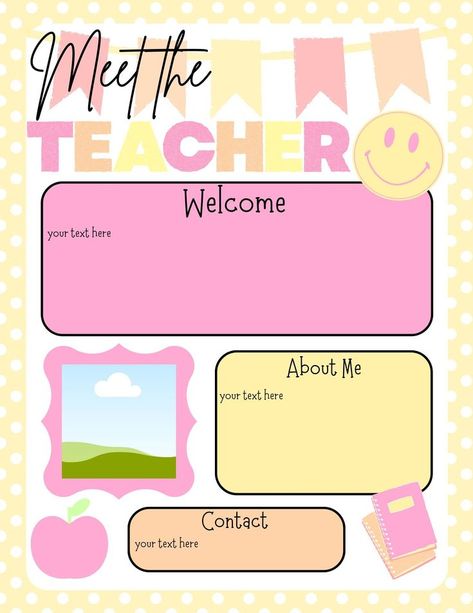 - Meet the Teacher Editable Template, Meet the Teacher, Pastel Bright Dots, Back to School, Teacher Template, Bright Classroom, 4 Templates - This editable "Meet the Teacher" template is ready for you to customize! Help students and families get to know you with this fully customizable template! There are four different backgrounds/versions to pick from, or add your own! Easy to edit using Canva (free), you will be able to add your own information and pictures! You can simply upload your picture Simple Meet The Teacher Template, All About The Teacher Template Free, Get To Know The Teacher Template Free, All About Teacher Template, Meet Your Teacher Template Free, Meet The Teacher Template Editable Free, Teacher Favorites Printable, Get To Know The Teacher, Teacher Papers