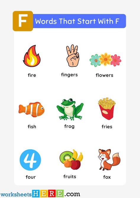 Words That Start With F List and Pictures For Kids Printable PDF Worksheet - WorksheetsHere.com F Words Preschool, Letter F Tracing, Kindergarten Tables, Worksheet For Kindergarten, Tracing Activity, Words List, Learn Letters, Tracing Worksheets Preschool, Worksheets Preschool