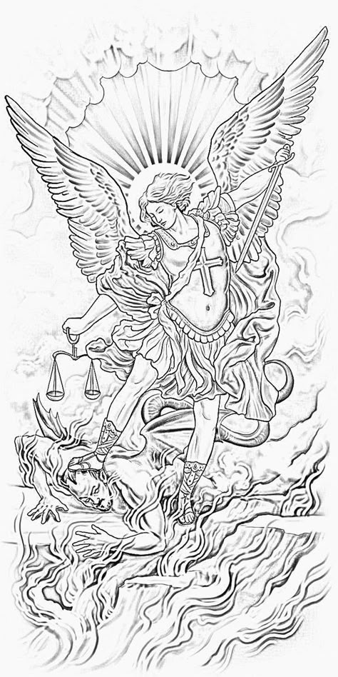 Archangel Michael Tattoo, St Michael Tattoo, Ink Tattoo Design, Half Sleeve Tattoo Stencils, Red Tattoo Ideas, Jesus Art Drawing, Red Ink Tattoo, Archangel Tattoo, Half Sleeve Tattoos Drawings