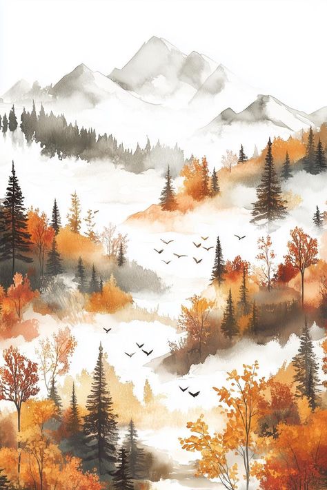 This stunning artwork captures the serene beauty of an autumn landscape, drawing inspiration from traditional watercolor techniques that evoke a sense of tranquility and nostalgia. The piece features a harmonious blend of warm oranges, earthy browns, and muted grays, creating a soothing backdrop that transforms any space into an autumnal haven. The delicate strokes depict a rolling mountain scene enveloped in mist, while vibrant leaves and silhouetted pine trees add depth and character. The artwork is enriched by graceful birds soaring overhead, which further enhances the tranquil atmosphere. Crafted for art enthusiasts and nature lovers alike, this original piece is perfect for adding a touch of color to your home decor. Whether you choose the canvas print or digital download, this artwor Autumn Trees Watercolor Painting, Abstract Fall Background, Fall Watercolor Inspiration, Autumn Forest Drawing, Autumn Landscape Drawing, Autumn Watercolor Landscapes, Watercolor Fall Landscape, Earthy Watercolor, Watercolor Pine Tree