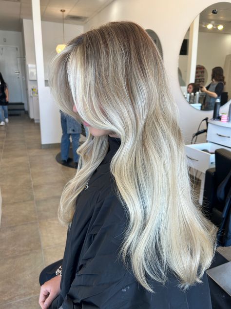 Bright Blonde Balayage Hair, Super Light Blonde Balayage, Bright Cool Blonde Balayage, High Impact Blonde Balayage, Light Blonde Hair Root Smudge, Swedish Blonde Balayage, High Impact Balayage, Vanilla Blonde Balayage Straight Hair, Lived In Blonde Root Smudge