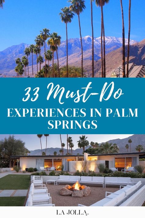 A view of tall palm trees set against the mountains of Palm Springs, with a stylish modern patio and fire pit area below. Palm Springs What To Do, Things To Do Palm Springs, Christmas In Palm Springs, Palm Springs Weekend Getaway, Where To Stay In Palm Springs, Palm Springs Photos, Palm Springs Activities, Day Trips From Palm Springs, Palm Springs In December