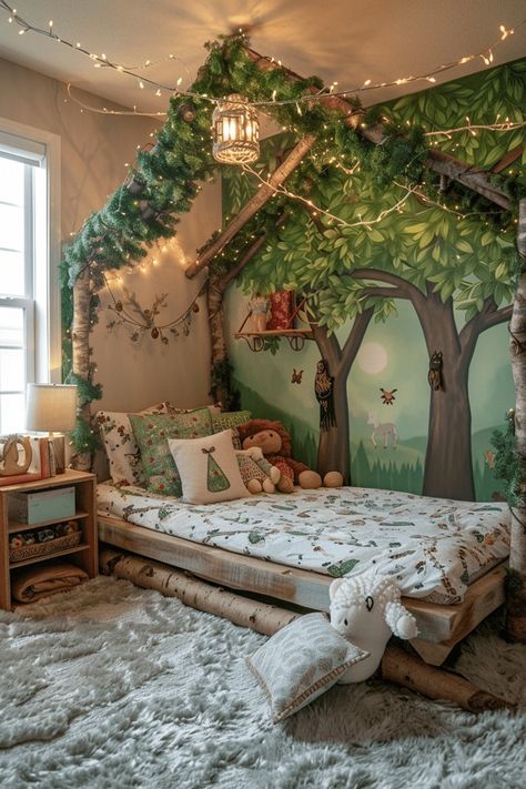 29 Boho Bedroom For Toddler Girl Ideas 26 Enchanted Room Decor, Forest Theme Playroom, Whimsical Kids Bedroom, Forest Room Kids, Toddler Room Themes, Fort Bedroom, Boys Green Bedroom Ideas, Bedroom For Toddler Girl, Girl Nursery Organization