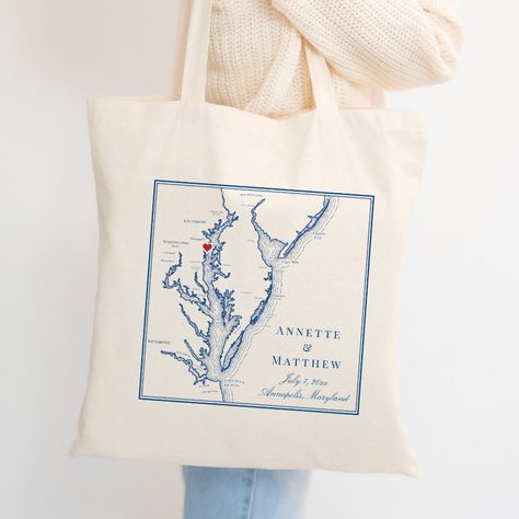 Maryland Wedding Favors, North Beach Maryland, Elegant Navy Wedding, Chesapeake Bay Wedding, Running Hare, Jersey Shore Wedding, Chesapeake Beach, Chesapeake Bay Beach Club, Map Tote Bag