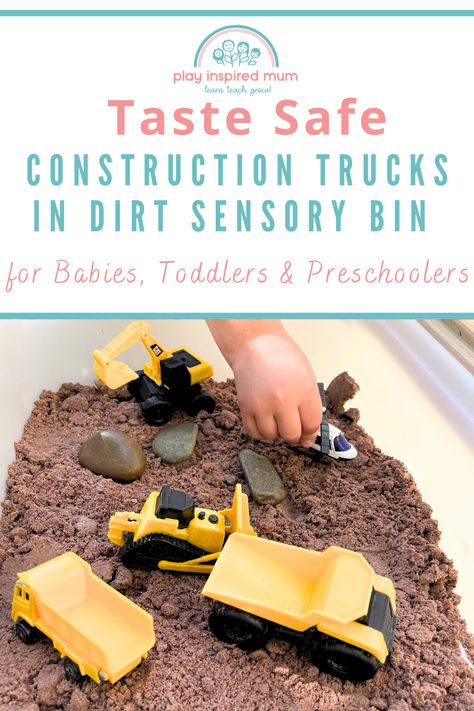 Construction truck toys in taste safe dirt with pebbles and river stones Trucks Sensory Bin, Construction Zone Sensory Bin, Sensory Bin Dirt, Car Themed Sensory Bin, Rainy Day Sensory Bin, Construction Theme Sensory Bin, Truck Sensory Play, Community Sensory Bin, Construction Site Sensory Bin