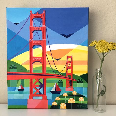 Cityscape Canvas Painting, Painting Cityscapes, Golden Gate Painting, Painting Geometric, City Acrylic Painting, San Francisco Painting, Modern Acrylic Painting, Acrylic Painting Canvas Abstract, Golden Gate Bridge Painting