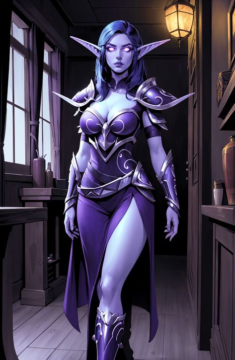 Night elf in violet dress #fantasy #warcraft #wow #worldofwarcraft #nightelf #nelf #elf #kaldorei Dusk Elf, World Of Warcraft Night Elf, Eso Armor, Moon Elf, Violet Dress, Demi Human, Female Elf, Night Elf, Fantasy Races