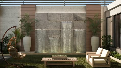 Terrace Waterbody Design, Waterfall In Landscape Design, Modern Wall Fountain Outdoor, Waterfall Modern Design, Waterbody Landscape Design, Modern Waterfall Backyard, Modern Wall Waterfall Outdoor, Waterfall Home Decor, Waterfall Design Ideas