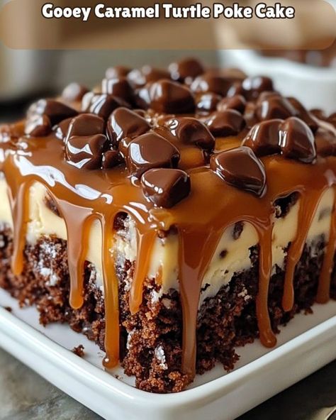 Turtle Dessert Recipes, Turtle Cake Recipe, Chocolate Turtle Poke Cake, Chocolate Turtle Poke Cake Recipe, Carmel Poke Cakes, Caramel Turtle Poke Cake, Carmel Turtle Poke Cake, Turtle Caramel Cake, Salted Caramel Turtle Pie