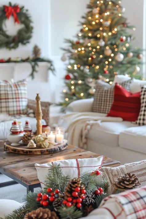 Cozy Christmas Living Room Decor Ideas Curated Christmas Decor, Simple Living Room Christmas Decor, Holiday Decor Christmas Living Room, Christmas Decorating Styles, Decorating Living Room For Christmas, Cozy Christmas Aesthetic Living Room, Christmas Living Room Apartment, Cozy Christmas Decor Living Room, Neutral Christmas Decor With Pops Of Red