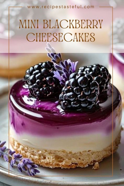 These Mini Blackberry Cheesecakes with Lavender and Berry Glaze are the perfect bite-sized desserts, combining rich and creamy cheesecake with a fruity blackberry glaze and a hint of floral lavender. Ideal for any occasion, they are as beautiful as they are delicious. Blackberry Glaze, Lavender Cheesecake, Berry Glaze, Blackberry Lavender, Blackberry Cheesecake, Blackberry Recipes, Bite Size Desserts, Easy Cheesecake Recipes, Elegant Desserts