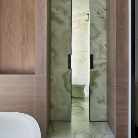 Green Onyx Bathroom, Christian Liaigre Interiors, Onyx Bathroom, Stairs And Doors, Christian Liaigre, Modern Deco, Arched Doors, Boho Interiors, Spa Room