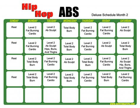 Hip Hop Abs Schedule Deluxe Month 2 Hip Hop Abs Calendar, Hip Hop Abs Workout, Tapout Xt, Combat Workout, Song Workout, Fitness Schedule, Fat Burning Abs, Cardio Burn, Get Fit At Home