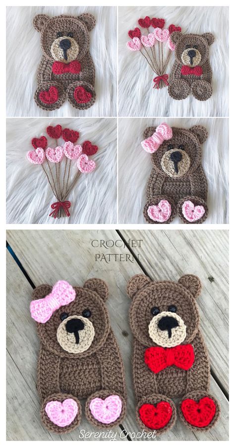 Teddy Bear Applique Free Crochet Patterns & Paid - DIY Magazine Teddy Bear Applique, Bear Applique, Crochet Applique Patterns Free, Confection Au Crochet, Valentines Day Baby, Crochet Teddy Bear, Bear Valentines, Crochet Simple, Crochet Teddy