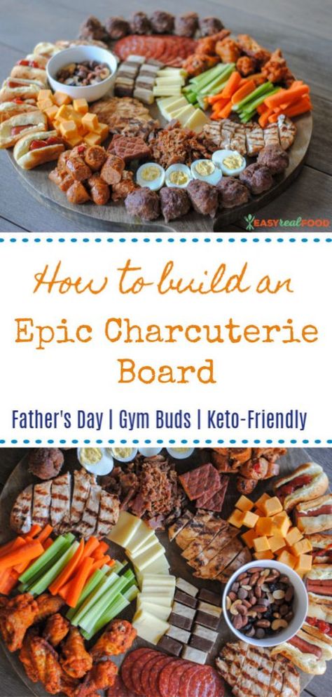 How to make an epic charcuterie board full of protein. Not just an easy appetizer, this is food for poker nights, Father's Day or guy get-togethers. Perfect man food or paleo grubs. Here's how! #fathersday #pokernight  #fathersday #pokernight #charcuterie Protein Charcuterie Board, Charcuterie Board Easy, Platters Ideas, Meatballs Chicken, Game Night Food, Bacon Sausage, Charcuterie Inspiration, Snack Board, Party Food Platters