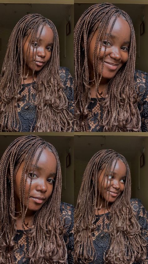 Layered French Curl Braids Bob, Layered Micro Braids Y2k, Colour 4 Braids, Braids With Layers, Short Layered Braids, Layered Micro Braids, Layered Braids Black Hairstyles, Brown Hair Braids, Layered Box Braids