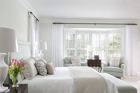 Bay Window Room Ideas Bedrooms, Bedroom With Bay Window Layout Master Suite, Bay Window Bedroom Layout Master Suite, Bedroom Shutters With Curtains, Bedroom With Bay Window Layout, Hamptons Bedroom Master Suite, Parent Retreat, Perth House, Ad Bedroom