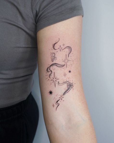 Tattoo • Instagram Will O Wisp Tattoo, Fairy Aesthetic Tattoo Designs, Just Like Magic Tattoo, Wicked Tattoo Designs, Tangled Rapunzel Tattoo, Wicked Tattoo Ideas, Wicked Tattoos Musical, Magic Wand Tattoo, Magical Tattoo Ideas