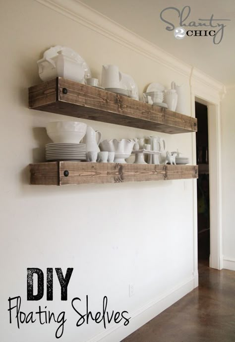 DIY Floating Shelves Free Plans! LOVE this idea for the dining room... So easy too! www.shanty-2-chic.com Floating Shelf Plans, Diy Floating Shelves, Floating Shelves Bedroom, Floating Shelves Living Room, Floating Shelves Kitchen, Floating Shelves Bathroom, Rustic Floating Shelves, Decor Ikea, Floating Shelves Diy