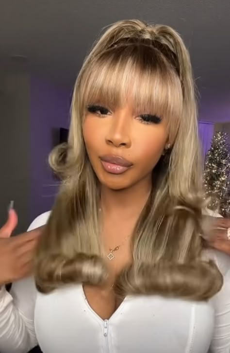 Half Up Half Down Hair Black Women Bang, Bang Half Up Half Down, Baddie Hairstyles With Bangs, Bangs Wig Black Women, Half Up Half Down Bang, Half Up Half Down Hairstyles With Bangs, Chinese Bangs Black Women, Half Up Half Down With Bangs, Lace Hairstyles