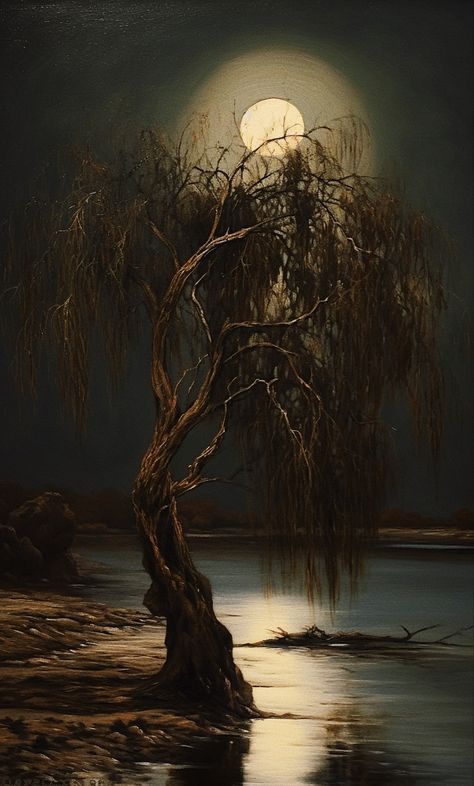 Dark Trees Painting, Tree Canopy Painting, Dark Tree Painting, Creepy Tree Painting, Tree Aesthetic Painting, Weeping Willow Tree Aesthetic, Willow Tree Sketch, Weeping Willow Tree Painting, Weeping Willow Painting