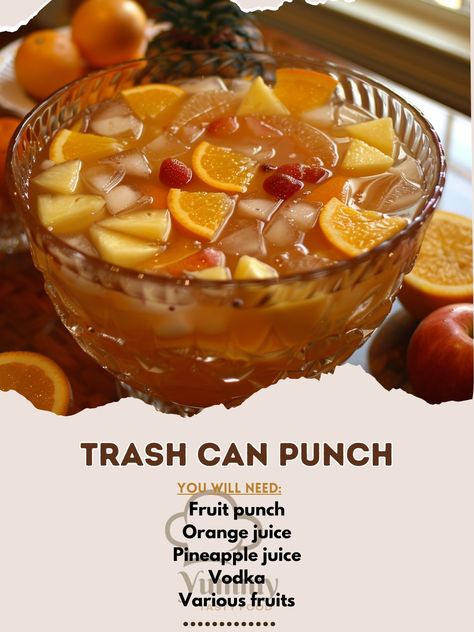 🍹🌈 Get wild with Trash Can Punch, the ultimate party starter packed with fruity flavors! 🎉🍊 Trash Can Punch Ingredients: Fruit punch: 1 gallon Orange juice: 1 quart Pineapple juice: 1 quart Vodka: 2 cups Various fruits: Sliced Instructions: In a large container, mix all juices and vodka. Add slices of oranges, pineapples, and any other desired fruits. Chill and serve in cups. 🎊💥 Perfect for your next big bash! Dive in and enjoy responsibly! #TrashCanPunch Trash Can Punch, Party Starters, Fruit Cups, Vodka Drinks, Fruit Punch, Orange Fruit, Pineapple Juice, Orange Juice, 2 Cups