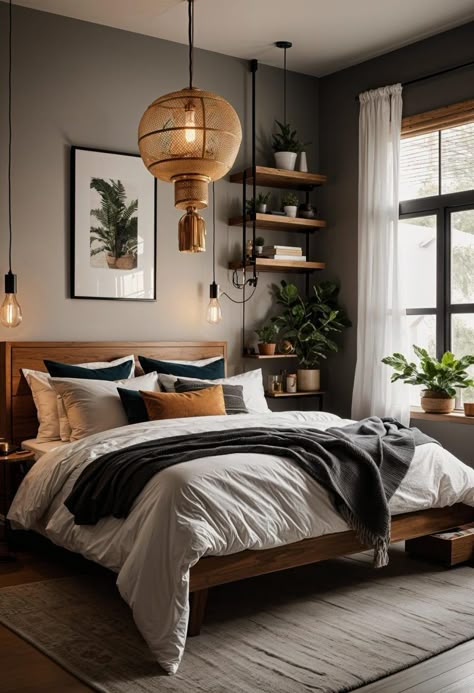 Urban Modern Bedroom Ideas, Bedroom Decor Dark Wood, Industrial Boho Bedroom, Black Boho Bedroom, Lighting Bedroom Ideas, Wood Bedroom Ideas, Modern Bedroom Aesthetic, Bohemian Bedroom Design, Boho Bedroom Furniture