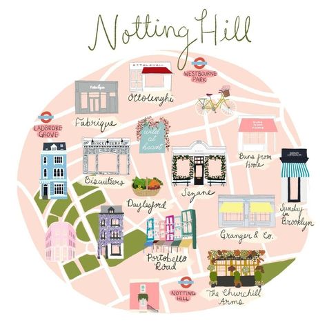 Notting Hill Illustration, Nothing Hill Aesthetic, Notting Hill Aesthetic, Buns From Home, Sezane Clothing, Daylesford Farm, Kids Charity, London Photo Ideas, Aesthetic London