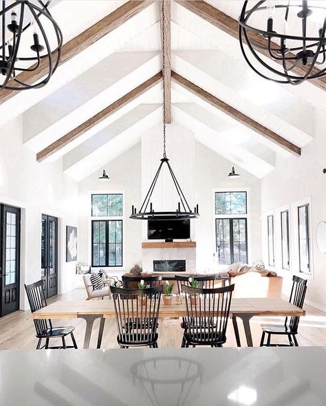 White, Black, and wood tones are our favorite. Classic, not fussy, modern farmhouse at its best. If you could have one thing in this room,… Build Your Own House, Wood Beams, Fireplace Design, Living Room Grey, Vaulted Ceiling, Open Concept, Home Fashion, Living Room Inspiration, Luxury Interior Design