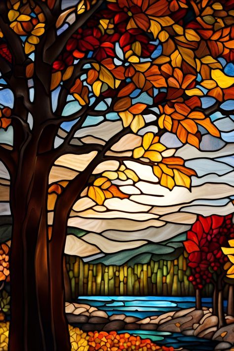 Faux stained glass image of an autumn forest scene Stained Glass Effect Painting, Glass Painting Landscape, Tree Stained Glass Window, Stained Glass Autumn, Autumn Stained Glass Ideas, Glass Painting Designs Creative, Tree Stained Glass Pattern, Stained Glass Window Designs, Stained Glass Trees