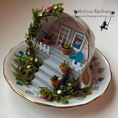 Recycled tea cup scene Fairy Teacup, Cup And Saucer Crafts, Floating Tea Cup, Tea Cup Art, Teacup Gardens, Teacup Crafts, Tea Bag Art, Fairy Garden Designs, Fairy Garden Crafts