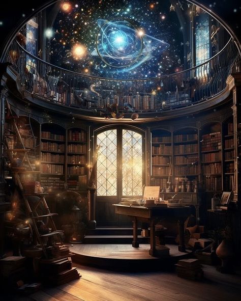 Wizard Aesthetic Room, Cosmic Library, Wizard Room, Library Painting, Wizard Aesthetic, Magical Library, Magic Realms, Fantasy Scenery, World Library