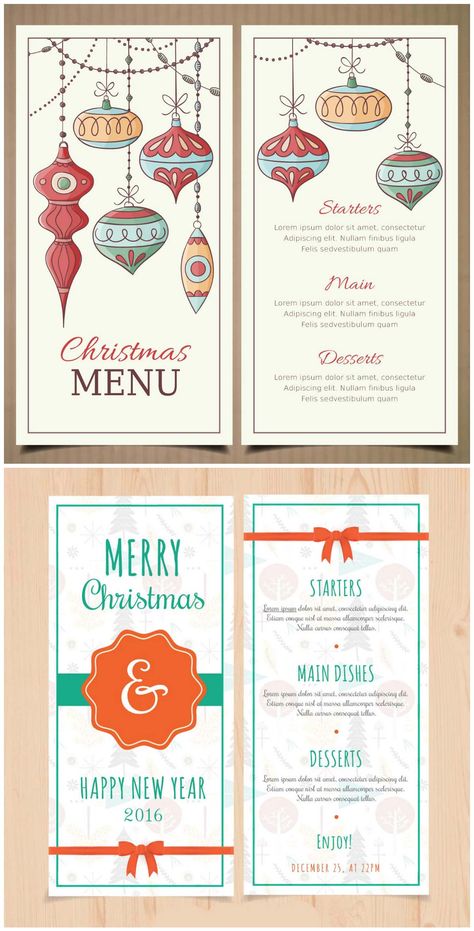 Christmas and New Year menu templates with retro baubles Xmas Menu Design, New Year Menu Design, Mondrian Layout, Christmas Dessert Menu, Christmas Menu Design, New Year Template, Christmas Menu Template, Xmas Menu, New Year Menu