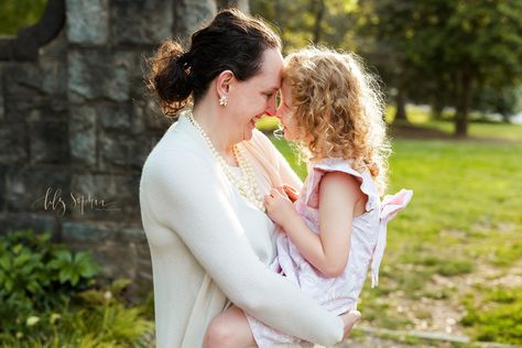 Family portrait of a Mother holding her young daughter in her arms as the two of them put their foreheads together and talk while Mom stands in a stone entranceway in a park at sunset near Atlanta, Georgia. Bags For College, Decatur Georgia, Natural Light Studio, Outdoor Photoshoot, Baby Milestone, Fields Photography, Outdoor Photos, Expecting Baby, Family Outdoor