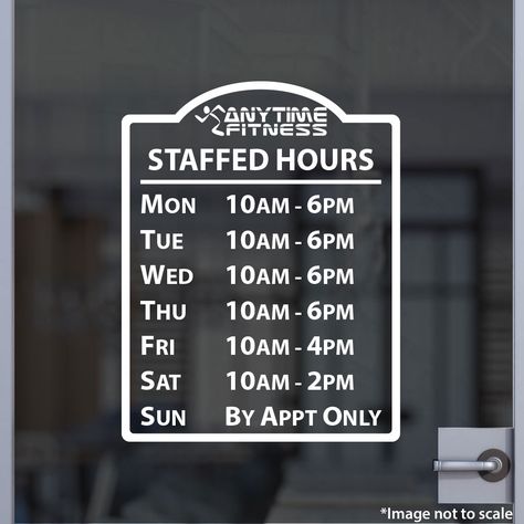 Anytime Fitness Gym Hours | Stickertitans.com | Custom Business / Office / Shop / Salon / Restaurant Open Hour Vinyl Decal | Our Vinyl Signs are made from Oracal 651 | 470-585-2229 Gym Decals Bloxburg, Bloxburg Gym, Gym Decals, Anytime Fitness Gym, Decals Codes, Bloxburg Decals Codes, Bloxburg Decals, Anytime Fitness, Office Shop