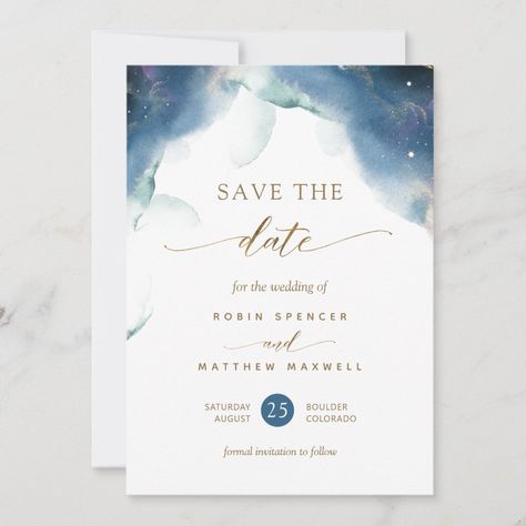 Elegant Celestial Watercolor Wedding Save The Date - navy gold save the date invitations Celestial Watercolor, Gold Save The Dates, Celestial Stars, Zazzle Wedding, Gold Typography, Jewel Tone Wedding, Moon Wedding, Pinterest Wedding, Celestial Wedding