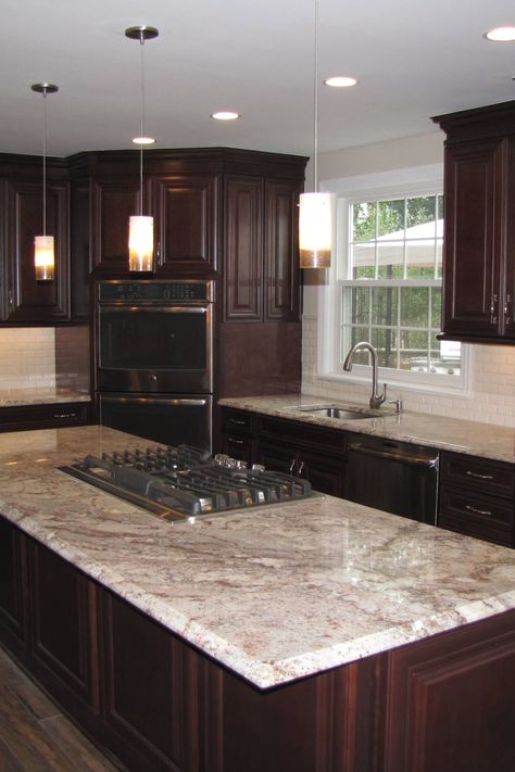 White Springs Granite, Dark Brown Kitchen Cabinets, Dark Brown Kitchen, Brown Granite Countertops, Dark Brown Cabinets Kitchen, Dark Brown Cabinets, White Granite Countertops, Brown Kitchen Cabinets, Dark Wood Kitchens