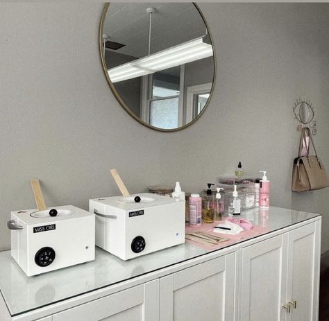 Lash Room Storage, Wax Room Aesthetic, Waxing Decor Ideas, Wax Suite Decor Ideas, Esthetician Snack Bar, Esthetics Organization, Waxing Vision Board, Wax Pot Aesthetic, At Home Wax Studio