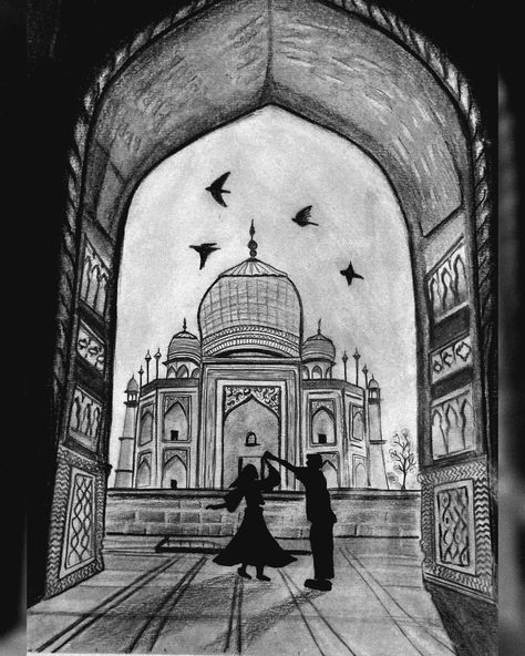 Taj Mahal Sketch Pencil, Taj Mahal Couple, Easy Couple Drawings, Taj Mahal Sketch, Couple Cartoon Drawings, Dancing Couple Drawing, Couple Dancing Drawing, Taj Mahal Drawing, Taj Mahal Art