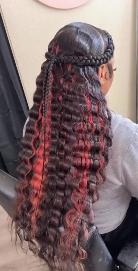 Two Braids Hairstyle With Hair Down, 2 French Braids With Weave In Back, Two Braid With Weave, Criss Cross Rubber Band Quickweave, Half Up Half Down With Two Strands, 13 Birthday Hairstyles Braids, Outfits Ideas Birthday, 2 Braids With Weave In The Back, Cute Hairstyles For Graduation