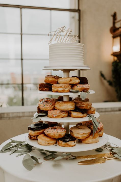 Cake And Donuts Wedding, Cake And Donut Display, Donuts Wedding Display, Donuts At Wedding Receptions, Wedding Cake And Donut Display, Breakfast Wedding Cake, Wedding Cake With Cookies, Wedding Cake And Donuts Display, Non Cake Wedding Desserts