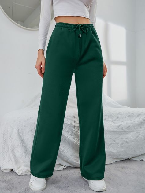 Dark Green  Collar  Fabric Plain  Embellished Slight Stretch All Women Bottoms Joggers Outfit Women, Straight Sweatpants, Women Sweatpants, Green Sweatpants, Pocket Sweatpants, Green Joggers, Fashion Top Outfits, Fashion Vocabulary, Women's Outfits By Occasions