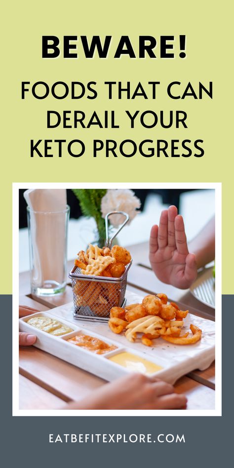 Graphic with the text "Beware! Foods That Can Derail Your Keto Progress." Keto For Women, Keto Tips, Keto Journey, Keto Food List, Eating Plan, Foods To Avoid, Unhealthy Food, Keto Diet For Beginners, Keto Breakfast