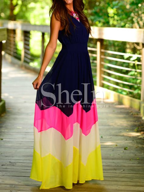 Navy Yellow Sleeveless Color Block Maxi Dress 20.99 Maxi Skirt Dress, Maxi Dresses Casual, Boho Casual, A Dress, Fashion Sense, Sewing Hacks, Street Fashion, Pretty Dresses, Spring Summer Fashion