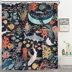 Shark Shower Curtain, Under The Sea Bathroom, Whale Shower Curtain, Sea Bathroom Decor, Fish Shower Curtain, Sea Bathroom, Underwater Cartoon, Animal Shower Curtain, Whale Art Print