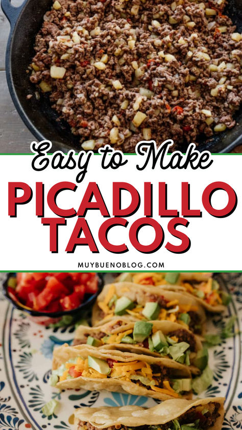 Picadillo Tacos are a hit in our home. Picadillo meat is used in replace of a classic taco meat. It elevates the flavor of your tacos to a whole new level. Best part of all, they are easy to make and dinner is ready in a flash. Picadillo Tacos, Bueno Recipes, Mexican Picadillo, Easy Main Course Recipes, Taco Recipes Mexican, Mexican Dinners, Crispy Taco Shells, Hispanic Dishes, Best Lunch Recipes