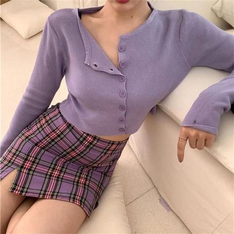 6ae07dcb33ec3b7c814df797cbda0f87desc50379785ri Lavender Outfit, Mode Purple, Crop Top Styles, Purple Vibe, Cardigan Crop Top, High Street Fashion, Long Sleeve Knitted Cardigan, Cardigan Crop, Latest Fashion Design